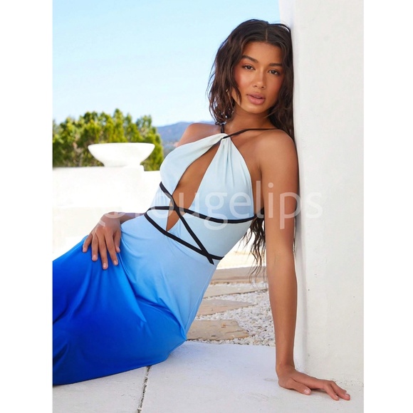 Maxi Blue Ombre Dress Backless Criss Cross Tie Straps - Picture 3 of 10